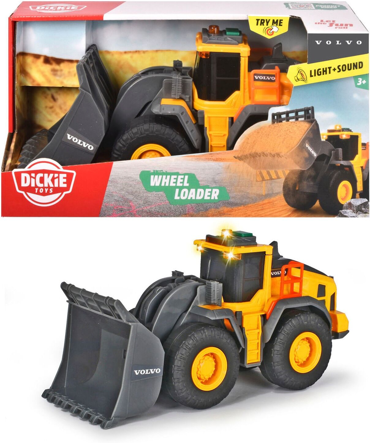 Spielzeug-Radlader DICKIE TOYS "Volvo Wheel Loader", gelb (gelb, grau), Spielzeugfahrzeuge, KinderT:23cm, Kunststoff, Spielzeug-Radlader, mit Licht und Sound, T:23cm
