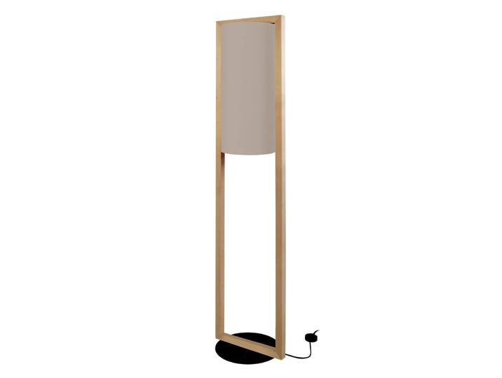 Lampadaire bois foncé métal noir abat-jour tissu taupe