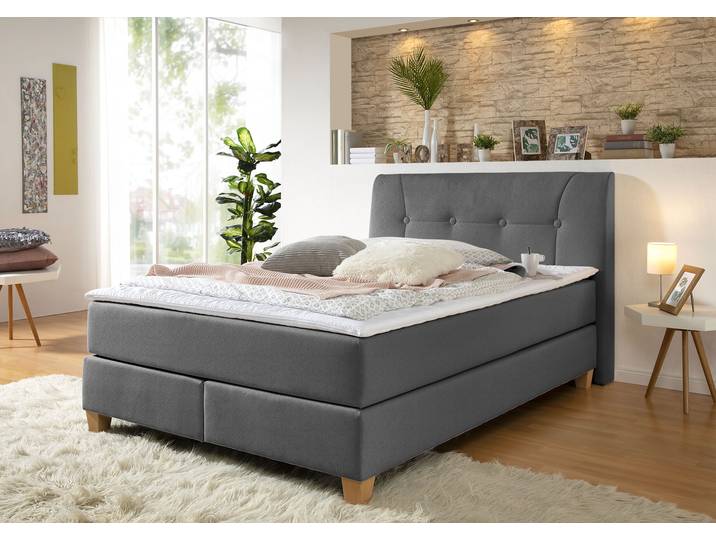 Boxspringbett, Struktur (100% Polyester), Anthrazit, 128×218 cm, Inkl. Topper, Modern, Home Affaire