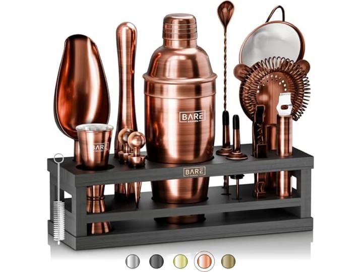 BARE BARREL® Mixology Barkeeper-Set Bar-Set 16-teiliges Cocktail-Shaker-Set Martini-Barzubehör Mixwerkzeuge für zu Hause inkl. 35 Rezeptkarten Geschenkset (680.4 g Cobbler Shaker,