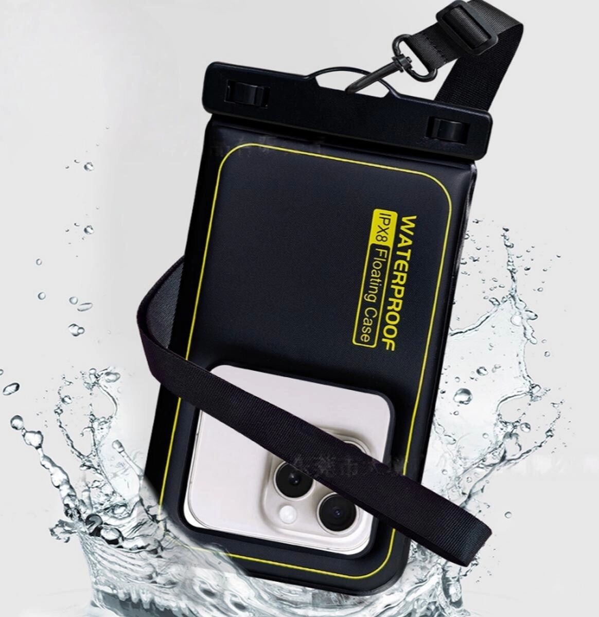 INF Schwimmende IPX8 wasserdichte Handyhülle mit Auftrieb, klarem Kamerafenster und verstellbarem Trageband – passt für Schwarz