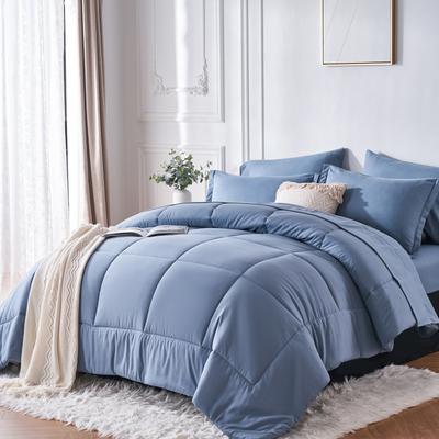 On Spot Shop 7 Piece Bed In A Bag Comforter Set, Stylish Solid Geometry Comforter And Sheet,Pillowcase Set, Ideal Gift blue full