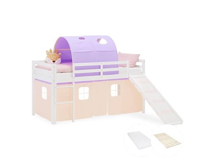 Homestyle4u Hochbett 90x200 cm Weiß mit Rutsche, Matratze & Lattenrost Kinderbett aus Kiefer Massivholz - inklusive Tunnel & Vorhang Set in Beige Lila - Etagenbett mit Absturzsicherung - EN 747