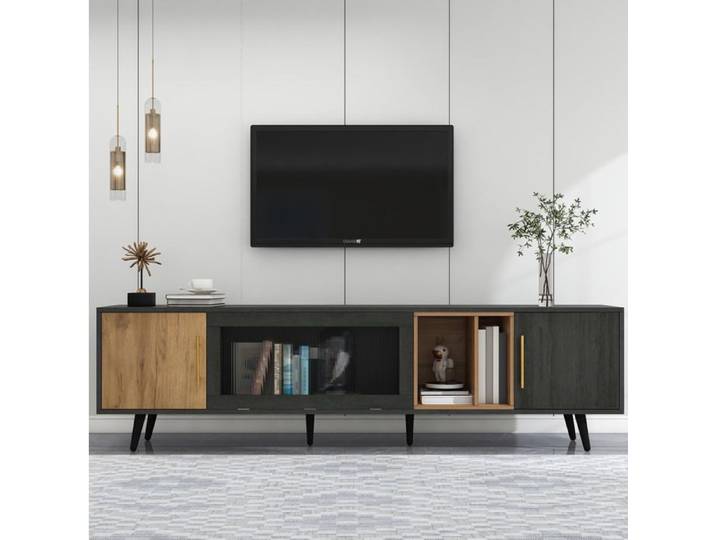 Meuble TV 200x40x55 5 cm EVRYAE - avec rangement latéral porte abattante en verre et passe-cables - Gris et bois