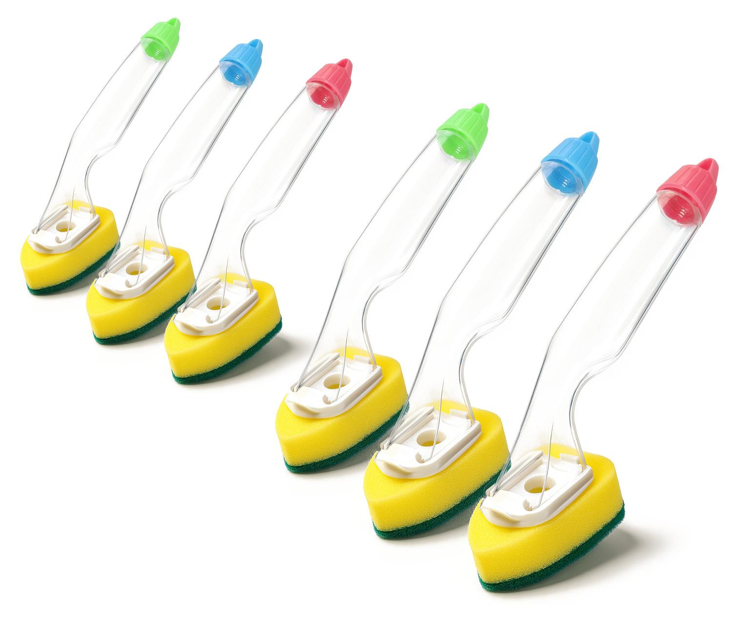 COM-Four 6-delige set afwasborstels met afwasmiddeldispenser