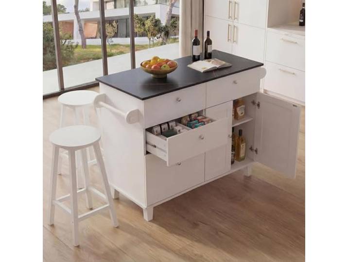 Mendler Kücheninsel HWC-P62 mit 2 Sitzhockern - weiß, Marmor-Optik schwarz Küchenschrank, Schublade, Staufächer, MDF, 90x131x47cm