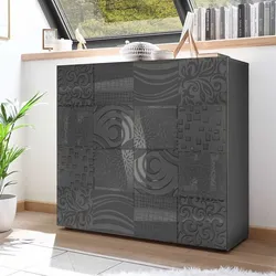 Griffloses Highboard in Anthrazit Hochglanz Siebdruck verziert