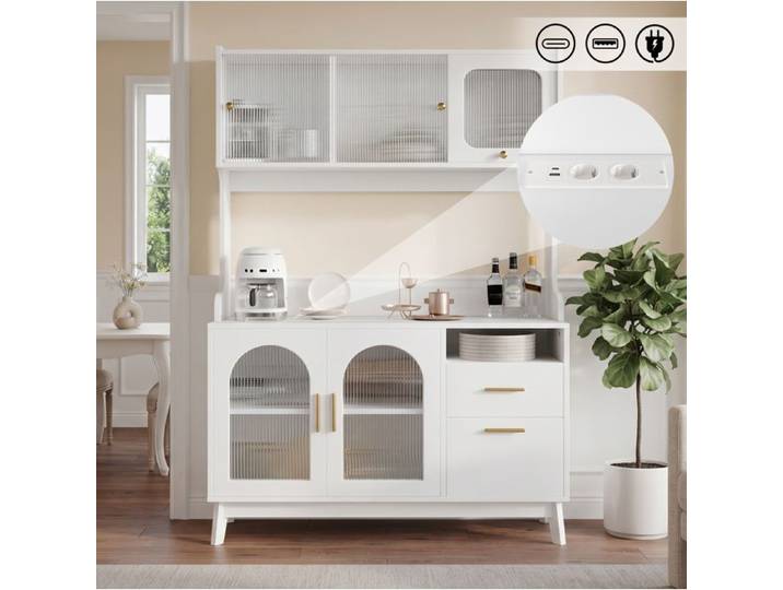 Buffet de cuisine vaisselier 120 × 40 × 178 cm avec prise intégrée - LPOSPI - portes vitrées bois aggloméré blanc