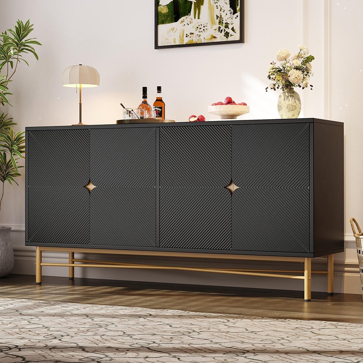 Pugsdrly Buffetkast met reliëfstructuur, zwart, Breedte: 160 cm