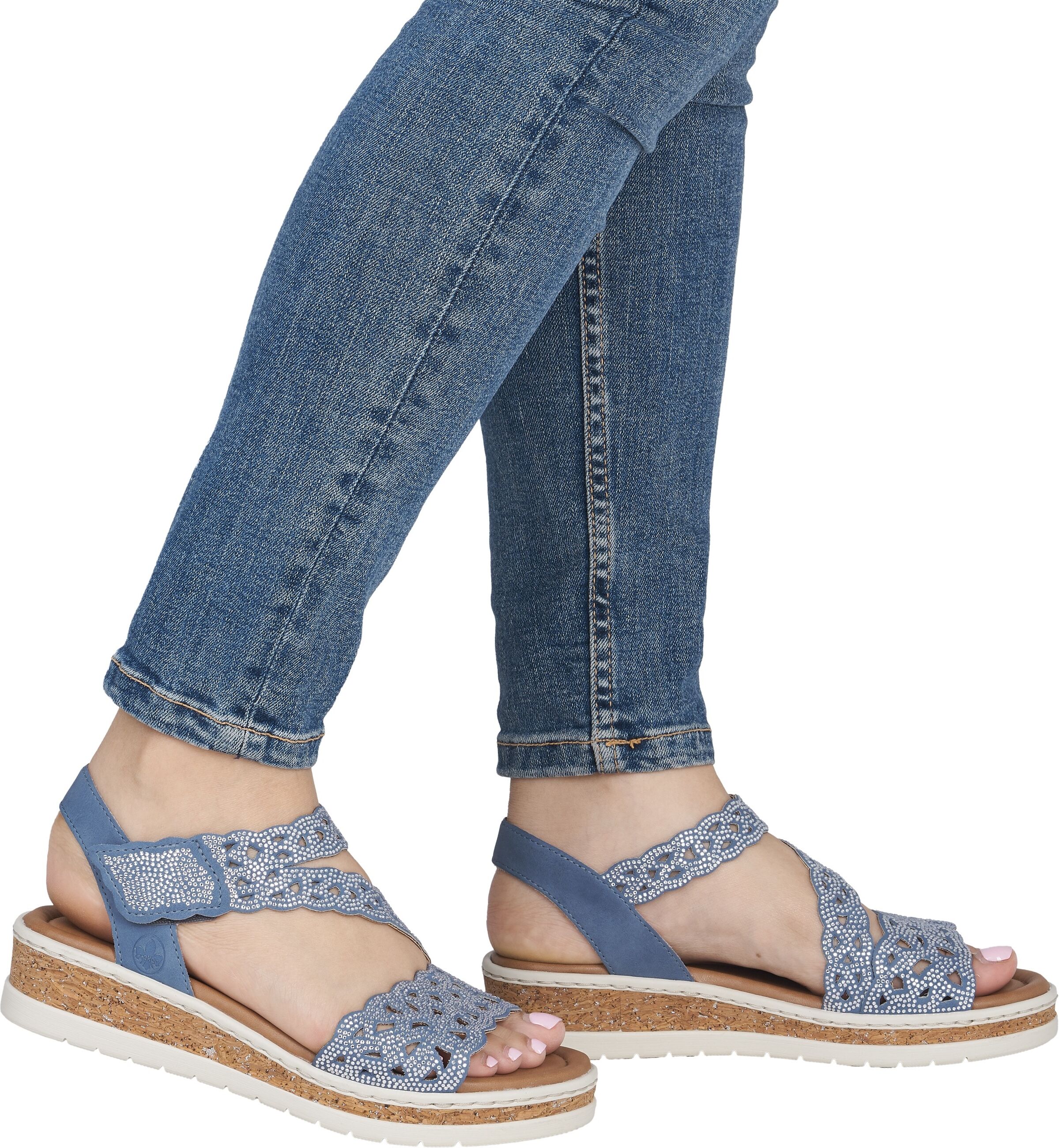 Keilsandalette RIEKER, Damen, Gr. 40, Synthetik Textil, blau, Lederimitat, Schuhe Keilsandalette, Keilsandalette, Sommerschuh, Urlaubsschuh mit Glitzersteine
