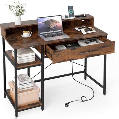 COSTWAY Schreibtisch mit Steckdosen, kleiner Computerkasten mit Befestigung, Schublade und abnehmbarem Regal, Bürotisch mit Metallgestell