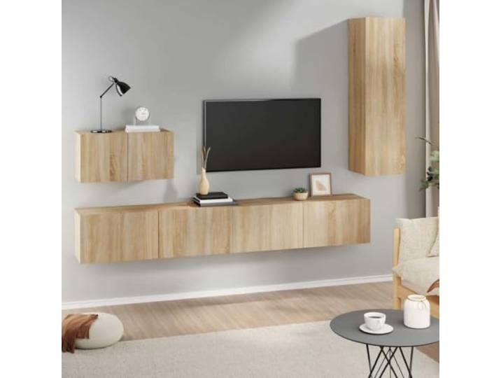 HEFZGDB 4-TLG. TV-Schrank-Set Sonoma-Eiche Holzwerkstoff mit viel Stauraum und praktischen Türen für Wandmontage, Robustes Wohnzimmer Möbelstück