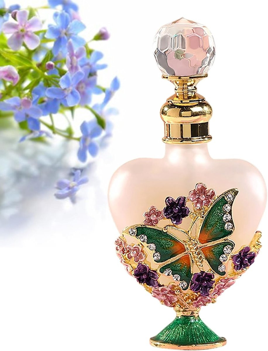 Elegante glazen parfumfles van 10ml met emaillering en kristallen vlinders en bloemen, herbruikbare en navulbare parfumhouder