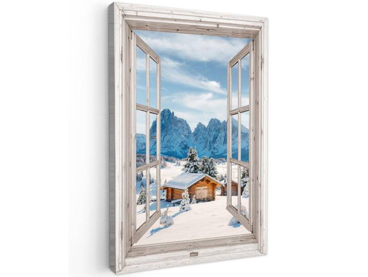 MuchoWow Leinwandbild - Winterlandschaft - Hütte - Berge - Ausblicke - Aussicht - Natur - 60x90 - Kunstdruck, Weiß Hochglanz, Textil, Kiefer, Abstrakt, Rechteckig, 60x90 cm, gerahmt, Bilder & Rahmen, Bilder, Wandbilder