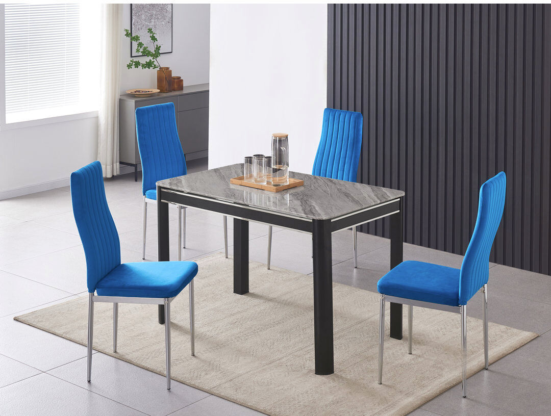 Fairmont Park Hannahs Grey Marble Effect Dining Table With 4 Monza Velvet Chairs Blue 4