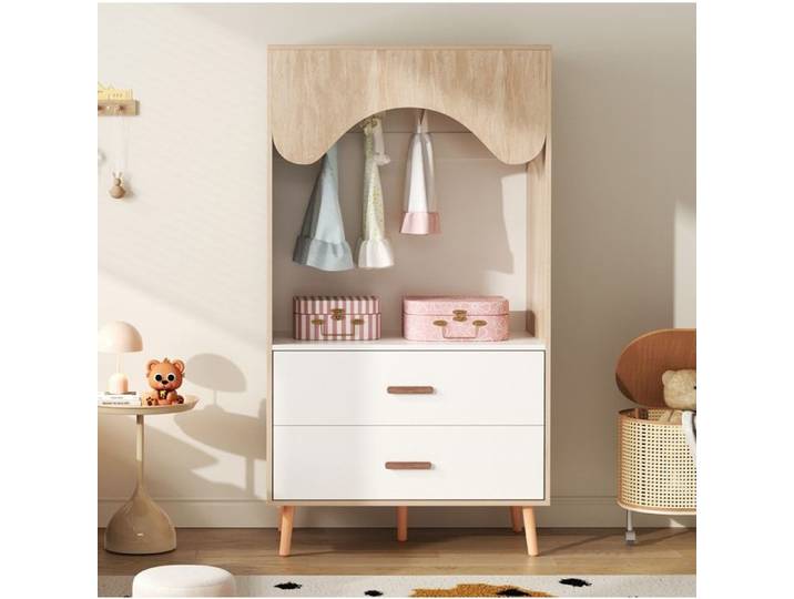 Armoire chambre enfant 80x46x141 5 cm blanc et bois naturel avec tringle tiroirs et rangement ouvert