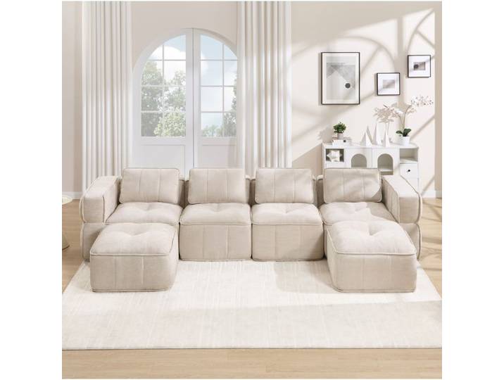 ROVRYN Canapé modulable en U 4 places avec 2 poufs polyester beige mousse 32D