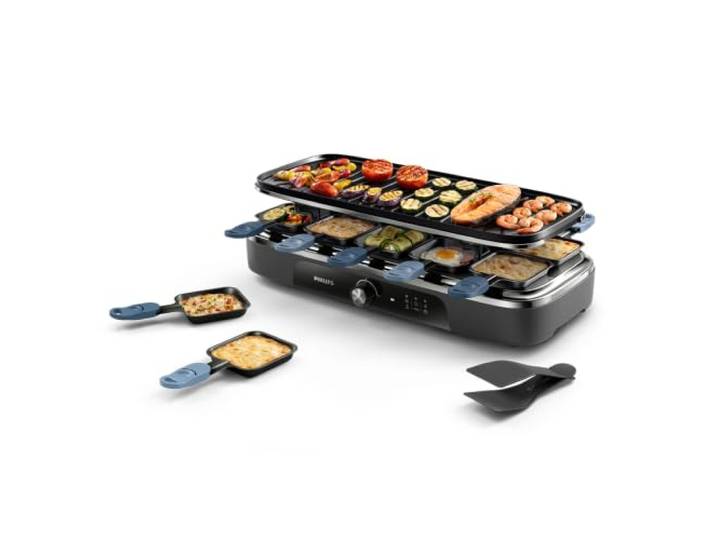 Philips Raclette Grill 2-in-1 5000 Series, Temperature Control, 1500W Grill und Raclette ideal für 10 Personen, große Grillfläche, 10 Pfännchen, Antihaftbeschichtung, PFAS-frei (HD6421/85)