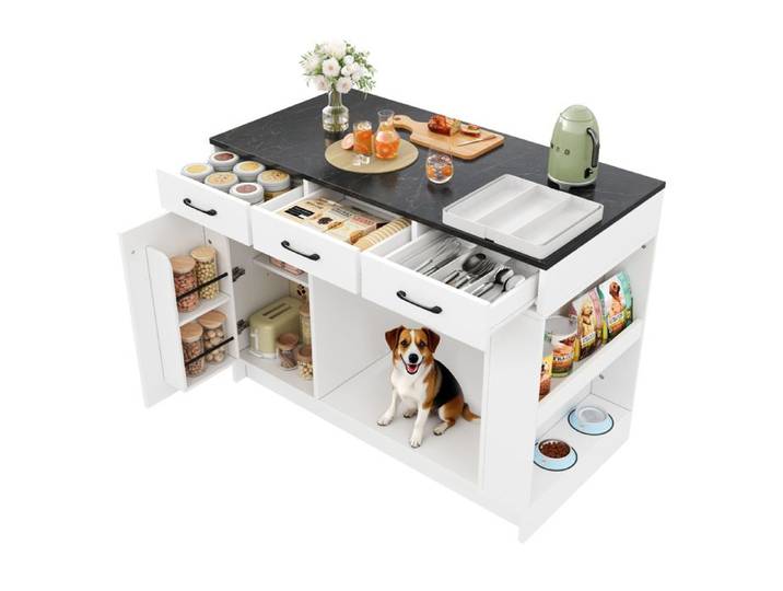 Îlot de cuisine - 120x60x90 cm - 3 tiroirs - Étagère réglable - Roulant avec rangement pour animaux