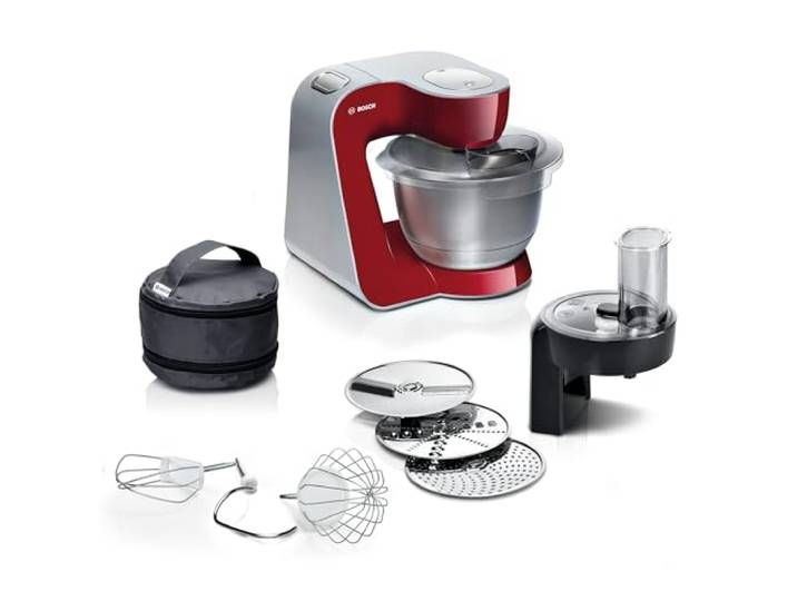 Bosch Küchenmaschine Serie 4, Edelstahl-Schüssel spülmaschinenfest, Planetenrührwerk, Durchlaufschnitzler, 3 Scheiben, 3 Rührwerkzeuge spülmaschinenfest, 1000 W, Made in Europe, rot, MUM58710