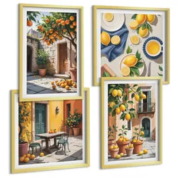 BILDER SET 4er Set - 50x50 cm & 40x60 cm Goldrahmen - Zitrusbäume in einem sonnigen Garten