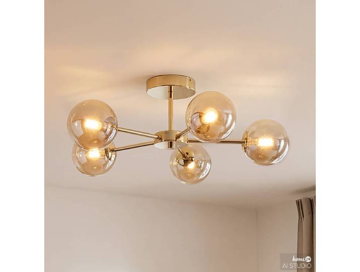 Plafonnier ILUMO 58 x 20 x 58cm Laiton/Beige/Laiton Piètement : fer, poli Abat-jour : verre coloré Ampoule électrique G9