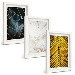 BILDER SET 3er Set - 20x30 cm Weißer Rahmen - Geometrische Muster und Vegetation