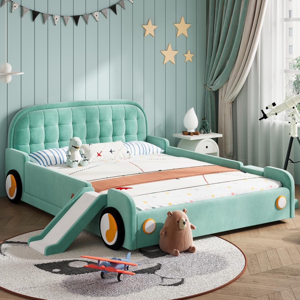 Abenteuer Kinderbett mit Rutsche und Treppe, beidseitig montierbar, komfortables Polsterbett , Spielbett mit Schutz - in Blaugrün Maße: 140x200 cm