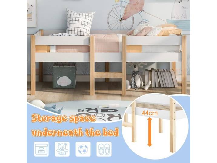 Lit Enfant - JAERLIUB - Lit maison mi-hauteur - Blanc et chêne - Bois massif - 90x200 cm