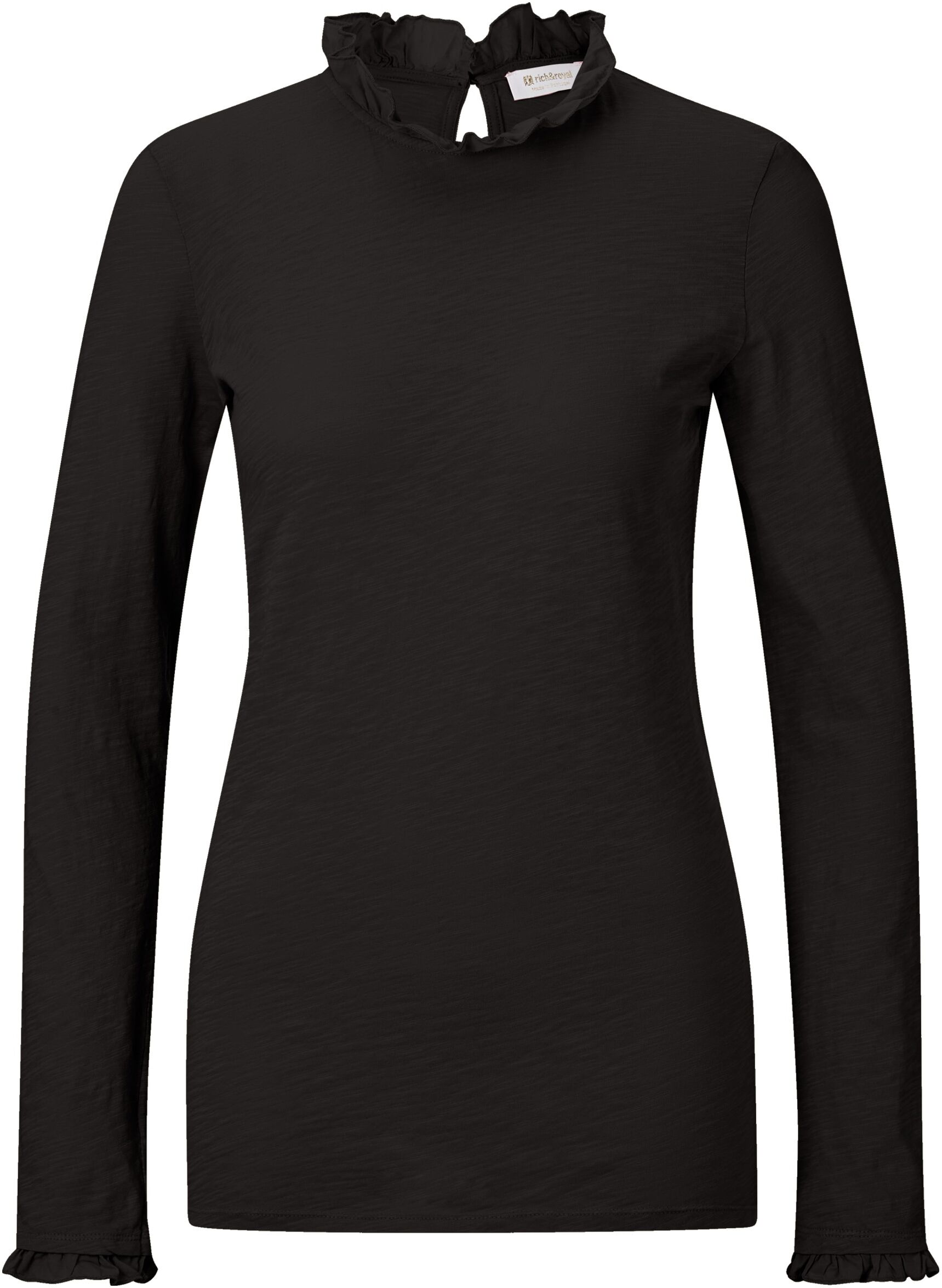 Langarmshirt RICHROYAL "2409 O Slub F LS", Damen, Gr. M, schwarz, Single Jersey, Obermaterial: 100% Baumwolle, Shirts Langarmshirt, mit Rüschenkante an Ausschnitt und Ärmelsaum schwarz M