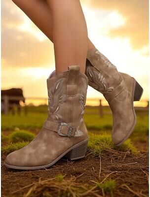 LightInthebox Women's Western Cowboy Boots with Embroidered Design and Buckle – Mid-Calf Chunky Heel Boots for Country Concerts, Horseback Riding and Fall Outfits
