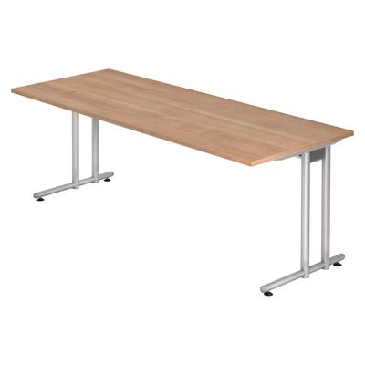bümö Schreibtisch groß, N-Serie 200x80 cm, Tischplatte aus Holz in Nussbaum, Gestell aus Metall in Silber - PC Tisch, großer Computertisch für's