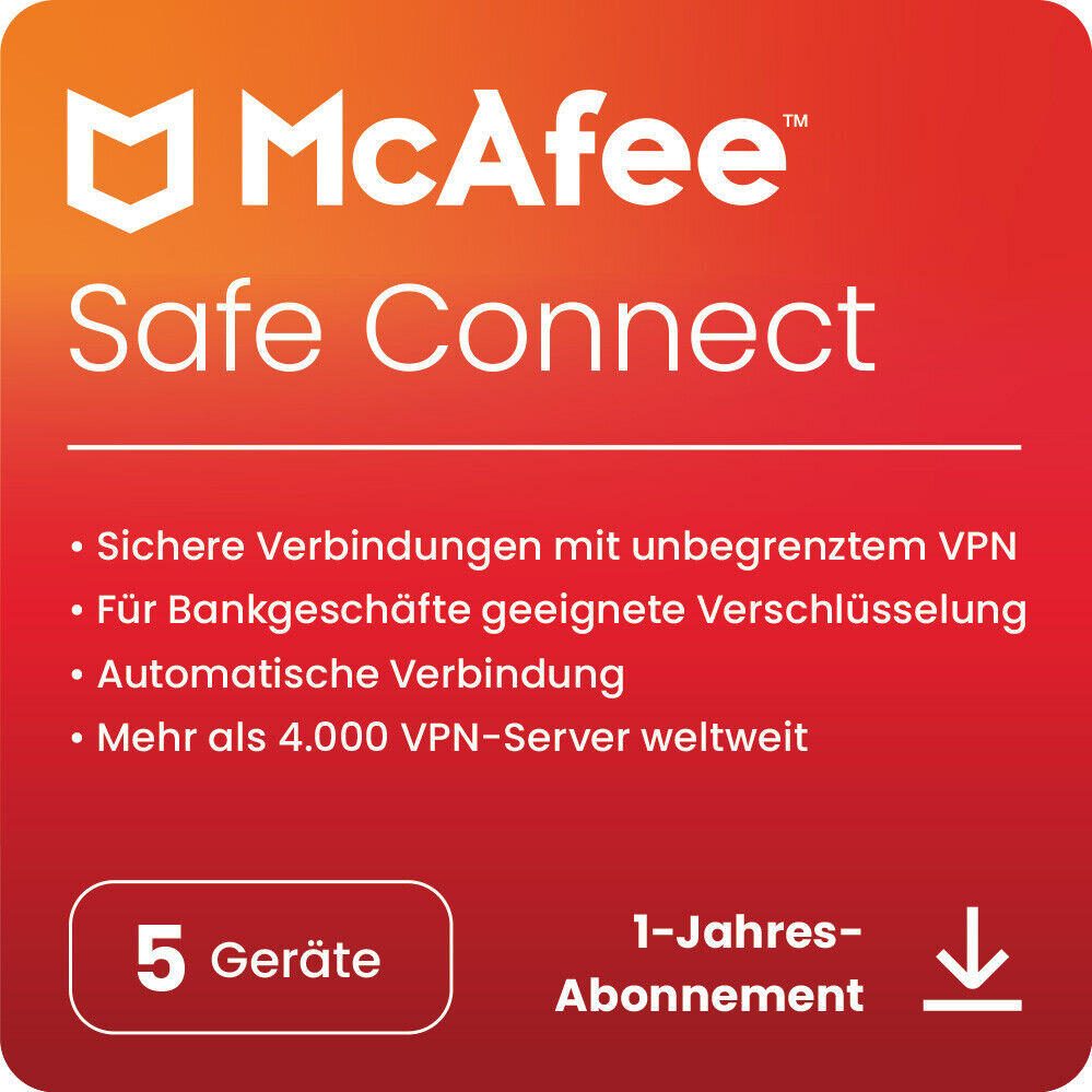 McAfee Safe Connect Premium - Abonnement-Lizenz (1 Jahr) - 5 Peripheriegeräte - Download - ESD - Win, Android, iOS MSC31GNR5RAAD
