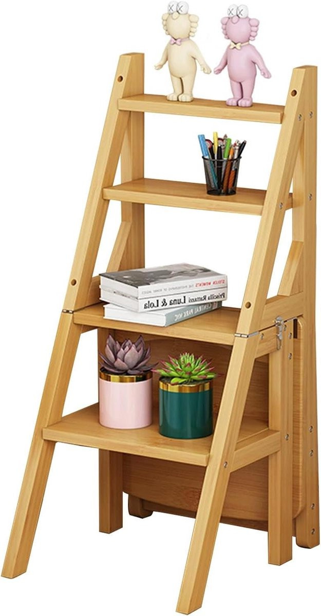 Multifunctionele houten ladderstoel met 4 antislip treden voor volwassenen