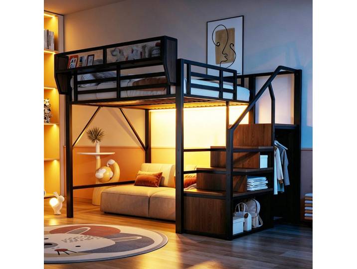 REDOM Hochbett mit LED-Beleuchtung, Jugendbett (Sicherheitsleiter und Stauraumlösungen, Kinderbett, 140x200cm Metallbett) ohne Matratze