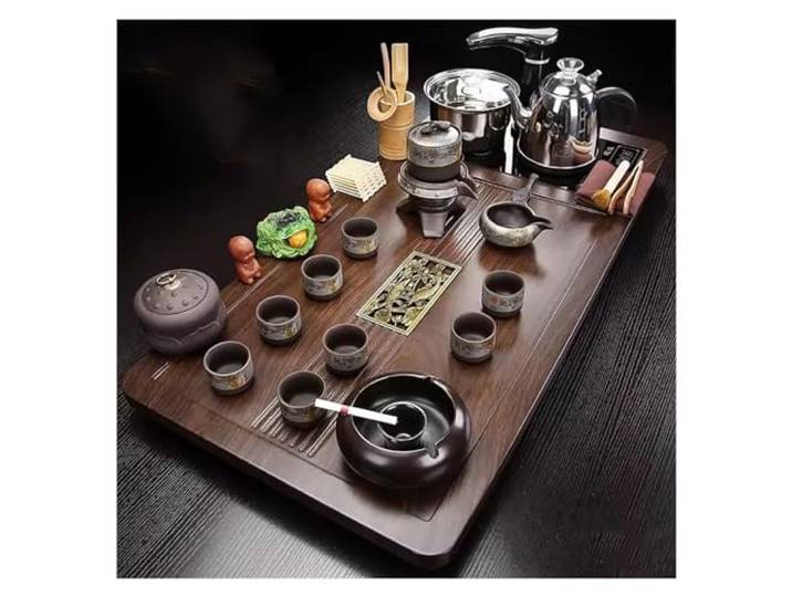 JFNGGHEB Chinesisches Kung Fu Tee-Set, Automatische Teekanne for zu Hause, Gongfu Tee-Set, Teezeremonie, Teetasse, Elektroherd, Teetisch, Teetablett aus Massivholz, Keramik-Tee-Set(Style-2)