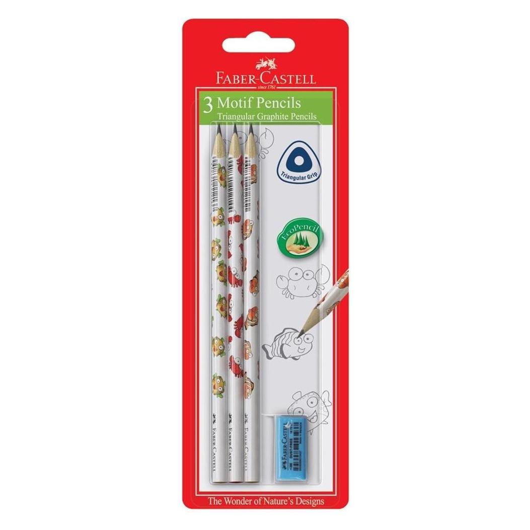 Faber-Castell Sea World Dreieckige Bleistifte 3 Stück + Radiergummi (B, 3x) (54613320)