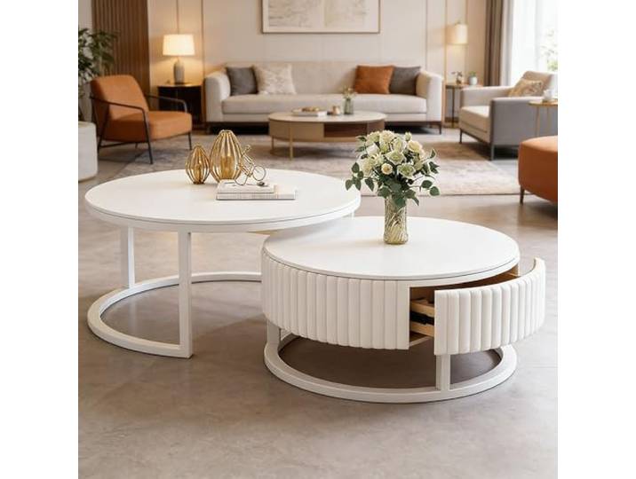 JPQTRYDRIS Weiss Couchtisch Marmor 2er Set Runder Couchtisch Satztisch Sofatisch Für Wohnzimmer, 50+70cm Nesting Round Coffee Table Mit Schubladen