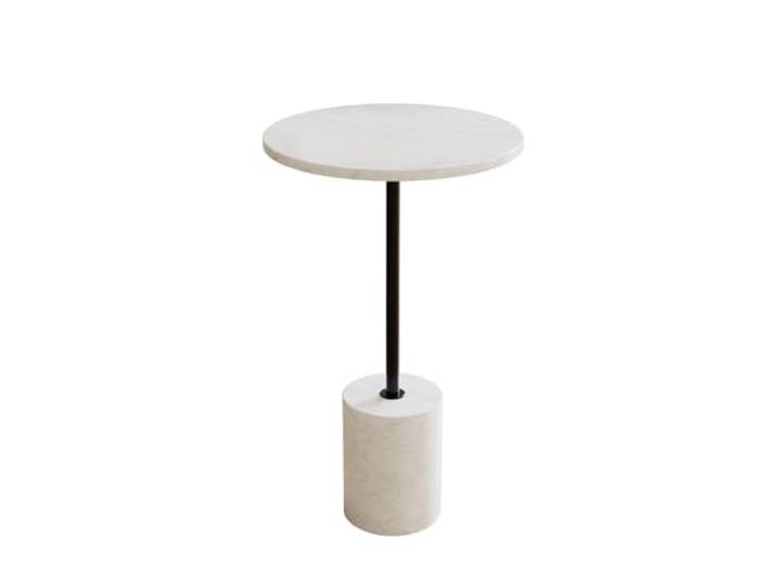 Liadomo Beistelltisch rund, Goro, 36 cm, Marmor weiß Couchtisch, runde Tischplatte, Marmortischplatte, Marmorfuß, Metallstange, Unikat, robust