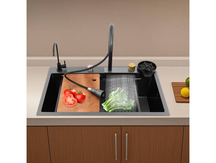 BYMAOCAR Évier en acier inoxydable, évier de cuisine avec robinet extensible, ensemble d'évier domestique, évier cascade en acier inoxydable 68x45x21 cm