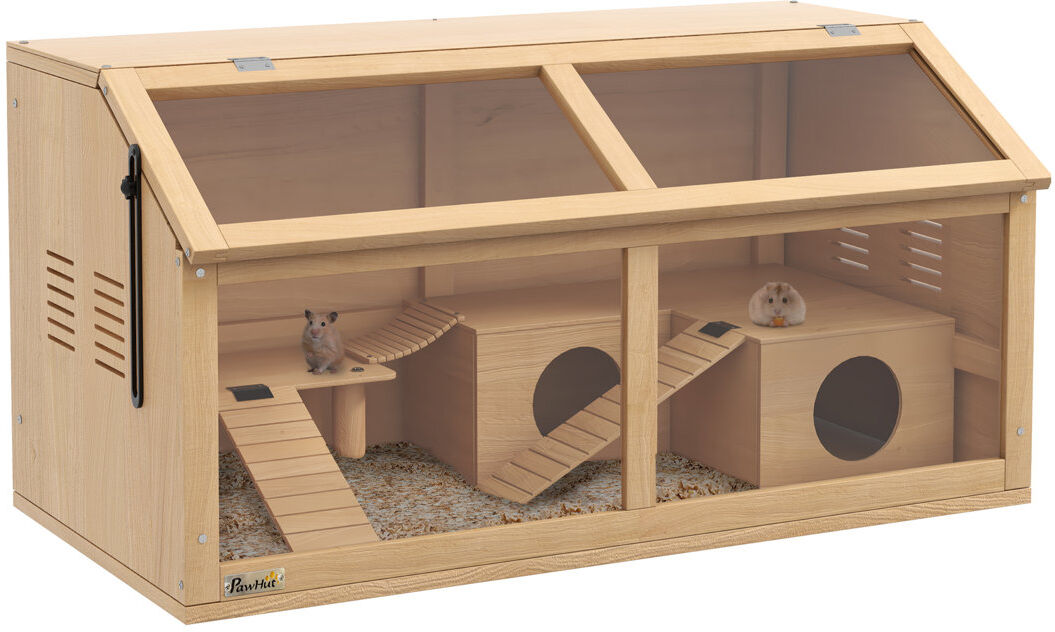 PawHut Wooden Hamster Cage for Gerbils with Suspension Bridge Ladders Nature Natural 44cm H X 85cm W X 45cm D