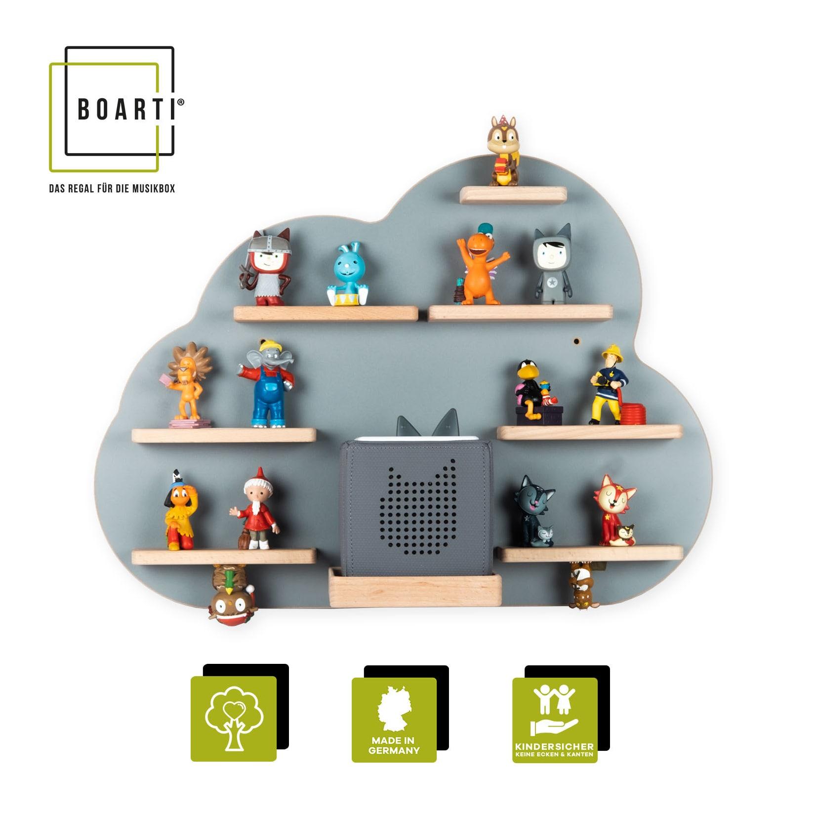 BOARTI Kinderregal Wolke hängend für Toniebox und Tonie Figuren platzsparendes Regal H. 40 x B. 55 x T. 19 cm Wandregal für Musikbox und Figuren Aufbewahrung Magneteinsätzen Aufbewahrungsregal Holz