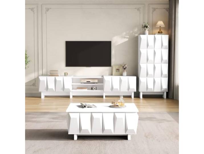 Merax Wohnzimmermöbel Set, 3-teilig, 3D-Front, TV-Lowboard, Sideboard, Couchtisch, geometrisches Design, PB, weiß