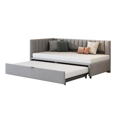 OKWISH L-förmiges Schlafsofa 90x200 cm mit ausziehbarem Bett, Samtpolster, Push-Pull-Mechanismus, Platzsparend, bequemes Schlaf- und Sitzmöbel,Grau