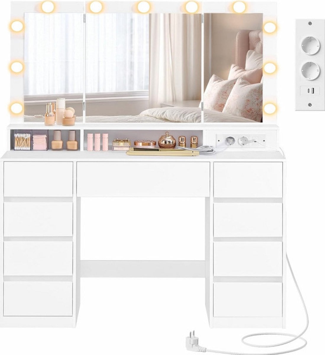 Sierra Grote make-uptafel met spiegel, verstelbare ledverlichting en 9 laden, wit RDT146WB01