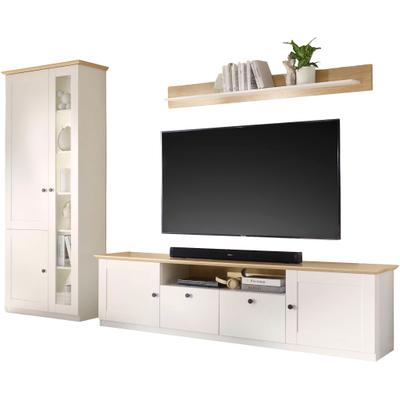Wohnwand OTTO HOME "Brest, Anbauwand im Landhausstil, Komplettset, Wohnzimmer-Set", weiß (weiß matt, eiche geölt dekor), B:298cm H:200cm T:43cm, Holzwerkstoff, Kastenmöbel-Sets, Wohnwand, enthält Vitrine, Lowboard + Wandboard