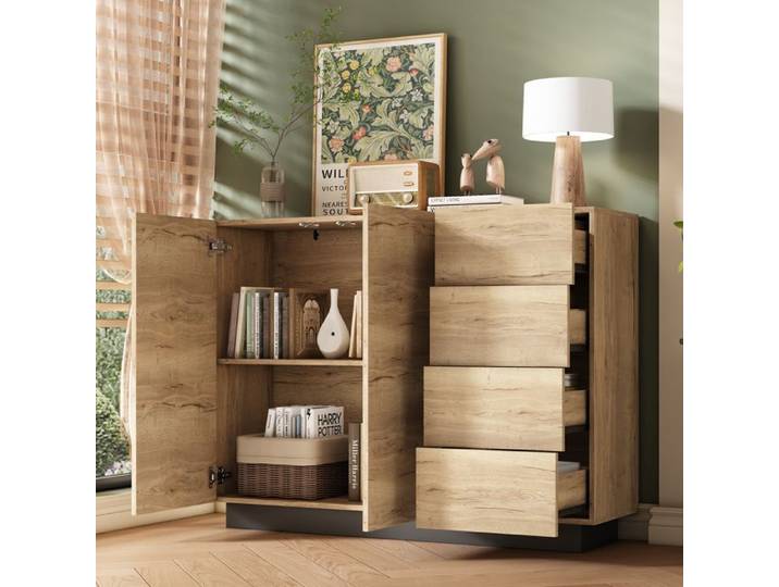 Commode avec tiroirs et portes - L120 x P35.5 x H90.5 cm - Naturel et Noir - Panneau de particules - Quatre tiroirs