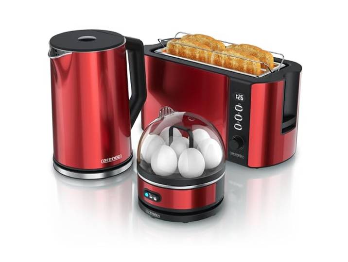 Arendo - Wasserkocher Toaster Eierkocher Set - Edelstahl Wasserkocher mit Temperatureinstellung - Toaster 4 Scheiben Langschlitz - Eierkocher 1-7 Eier - Küchenset in Rot