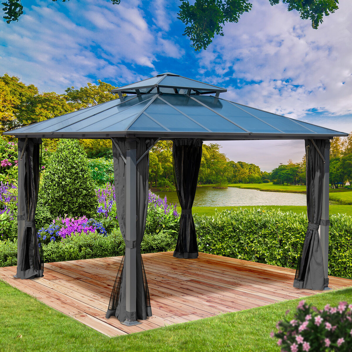 Brast Alu Pavillon PAGODE 4x4m dunkelgrau mit Moskitonetz