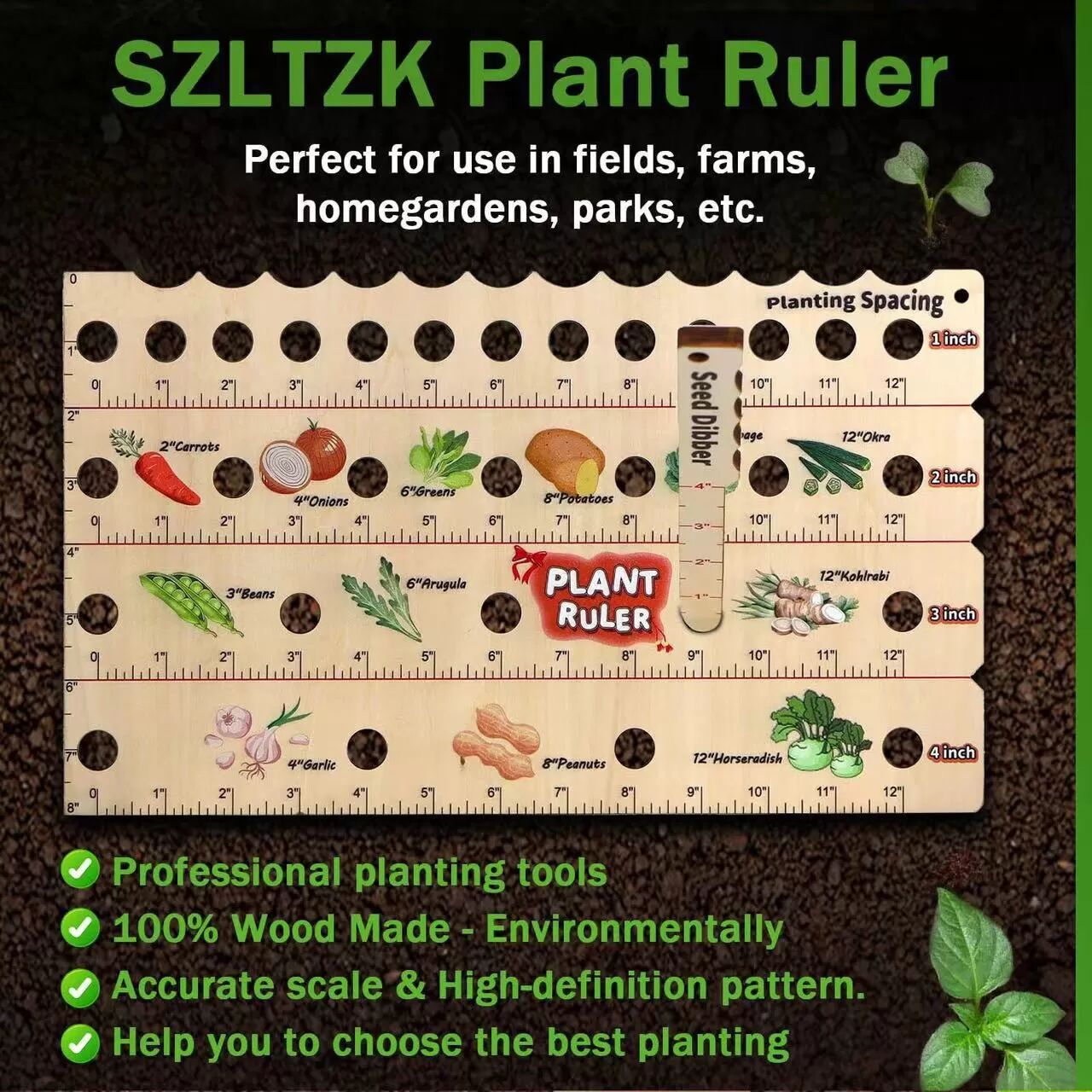 INF Règle de plantation de semis Outil de jardinage en bois multifonctionnel